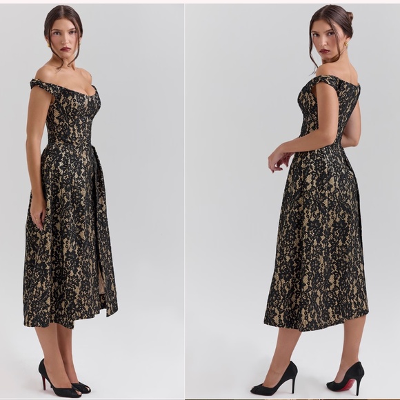 HOUSE OF CB 'Charming' Black Gold Lace‎ Off Shoulder Midi Gown NWOT size XS $329 - Picture 3 of 12